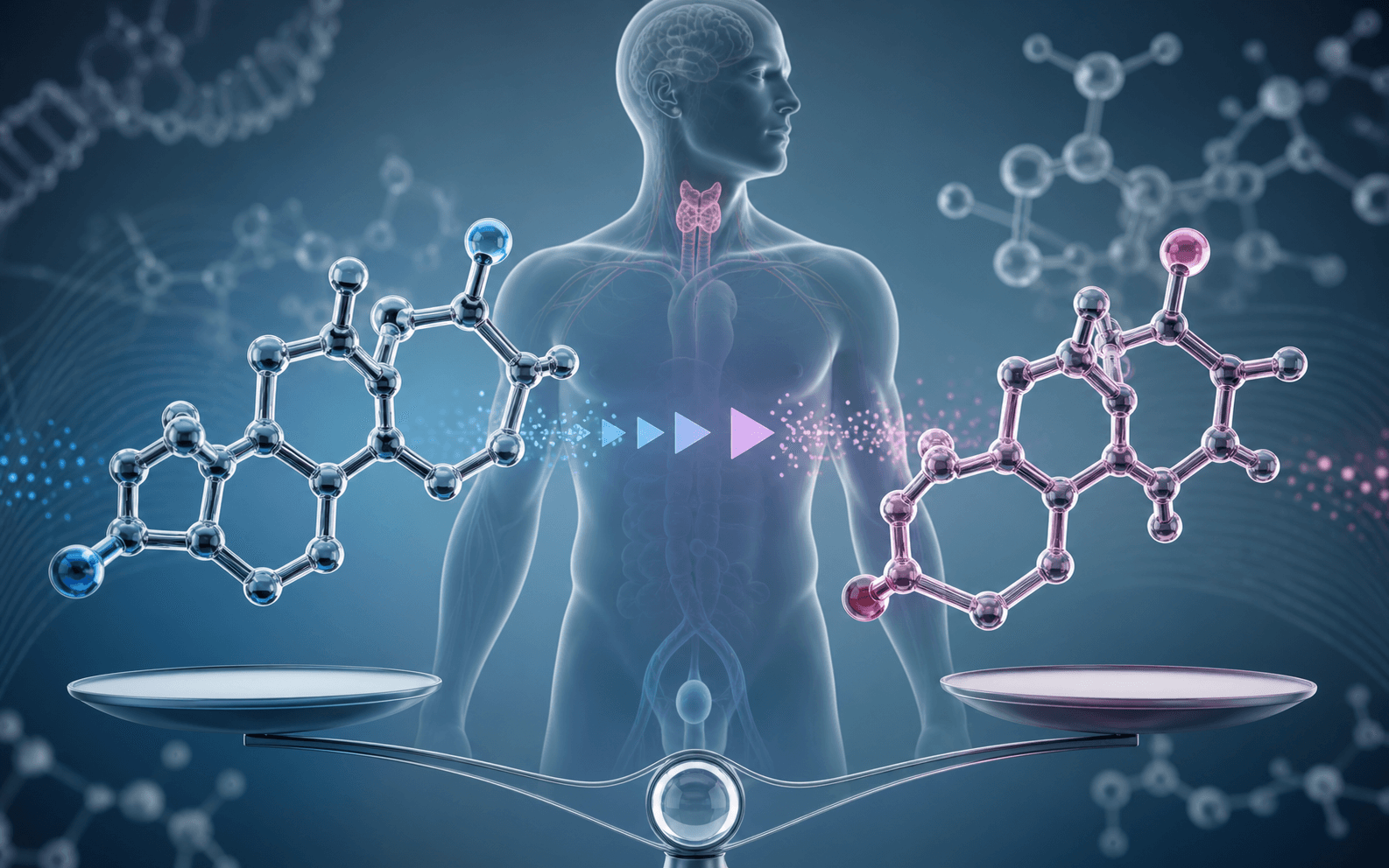 Ilustración biomédica abstracta de la conversión hormonal entre testosterona y estradiol.