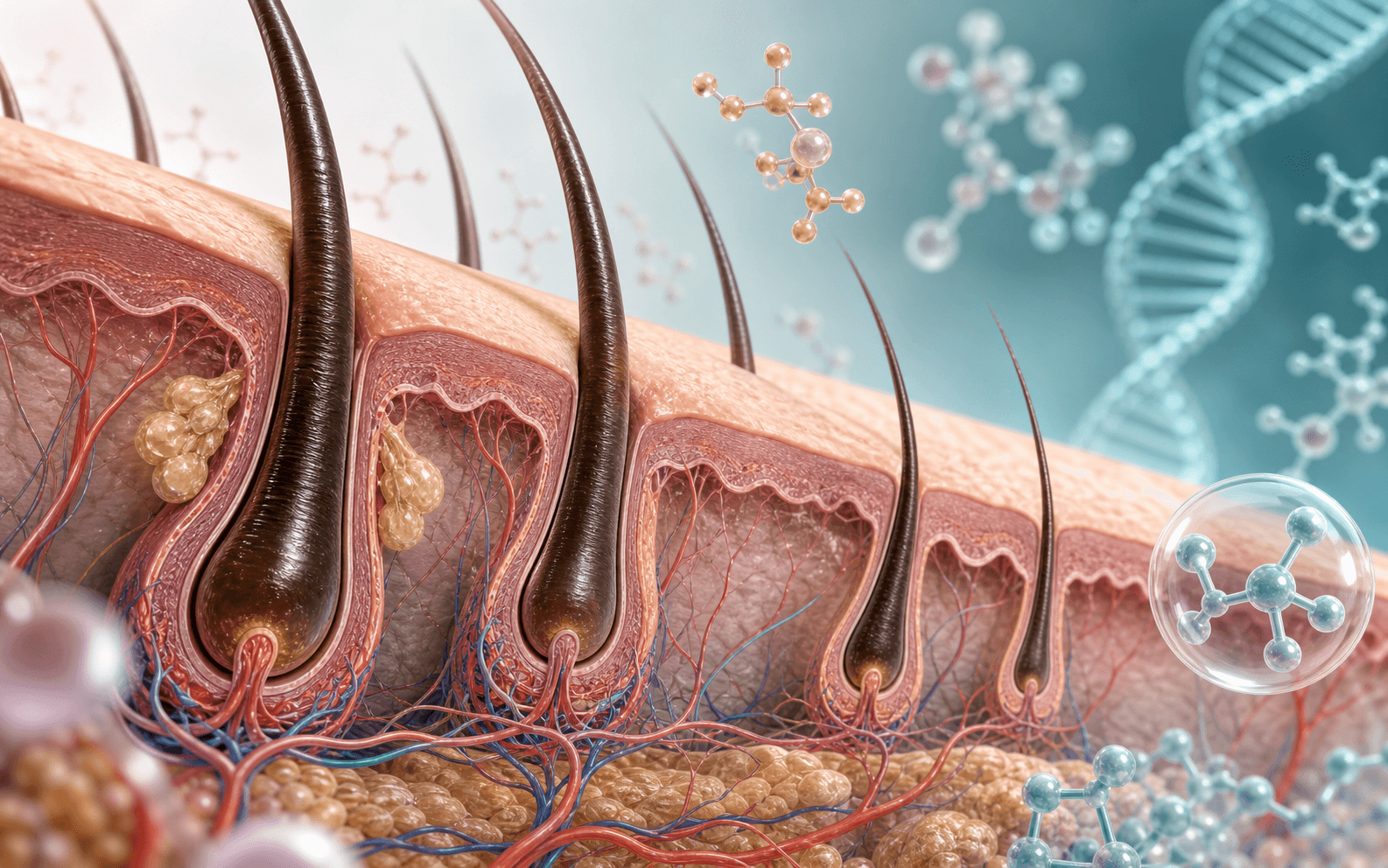 Ilustración biomédica de folículos capilares con señales moleculares relacionadas con sensibilidad androgénica.