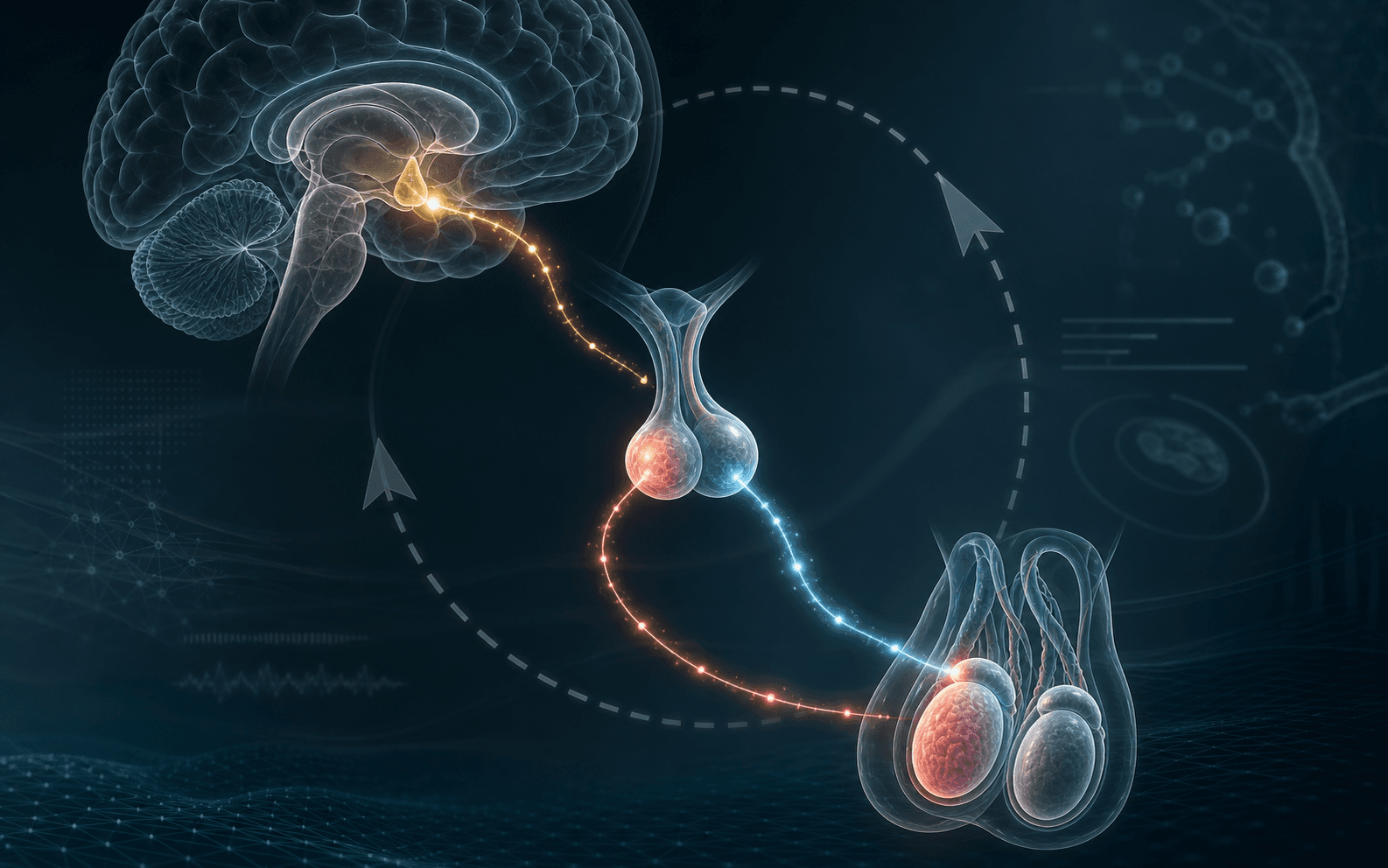 Ilustración biomédica del eje hipotálamo-hipófisis-testículo conectado por señales hormonales.