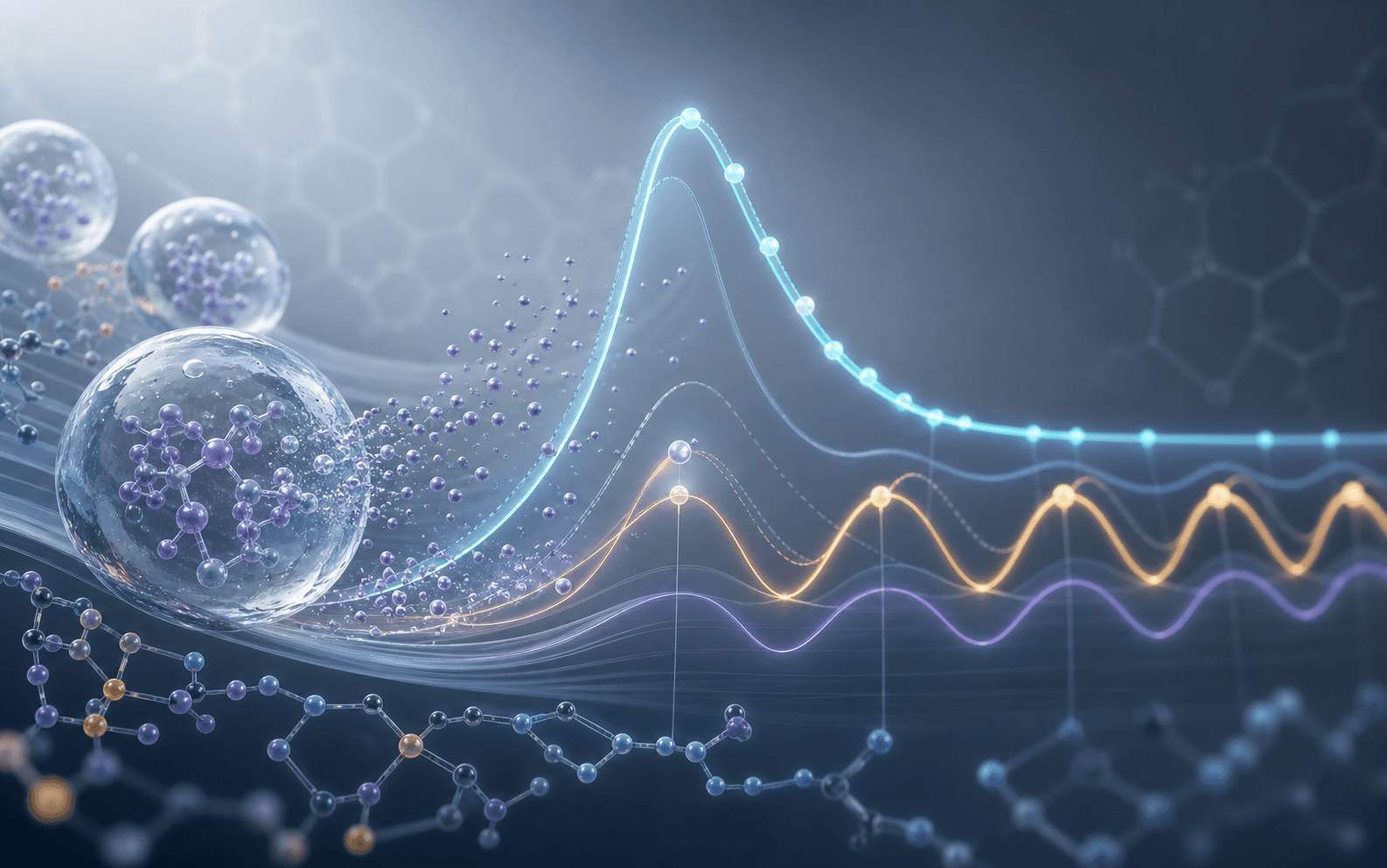 Visualización biomédica abstracta de curvas de concentración, vida media y liberación progresiva.