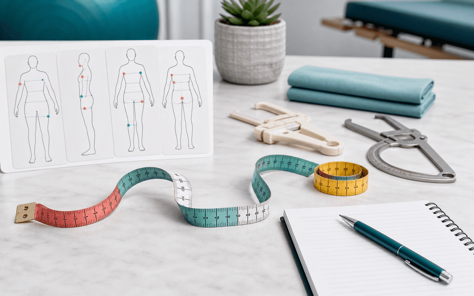 Escena clínica con cinta métrica flexible y herramientas para registrar medidas corporales de forma consistente.