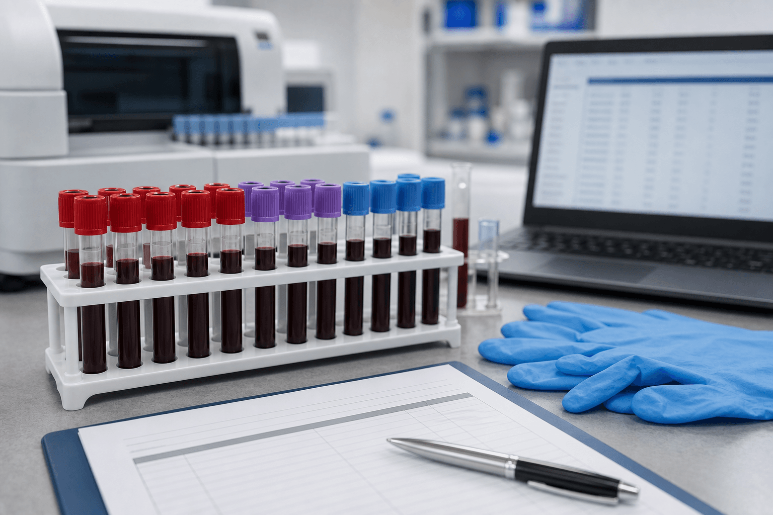 Fotografía clínica de laboratorio con tubos de sangre, guantes y formulario de analítica.