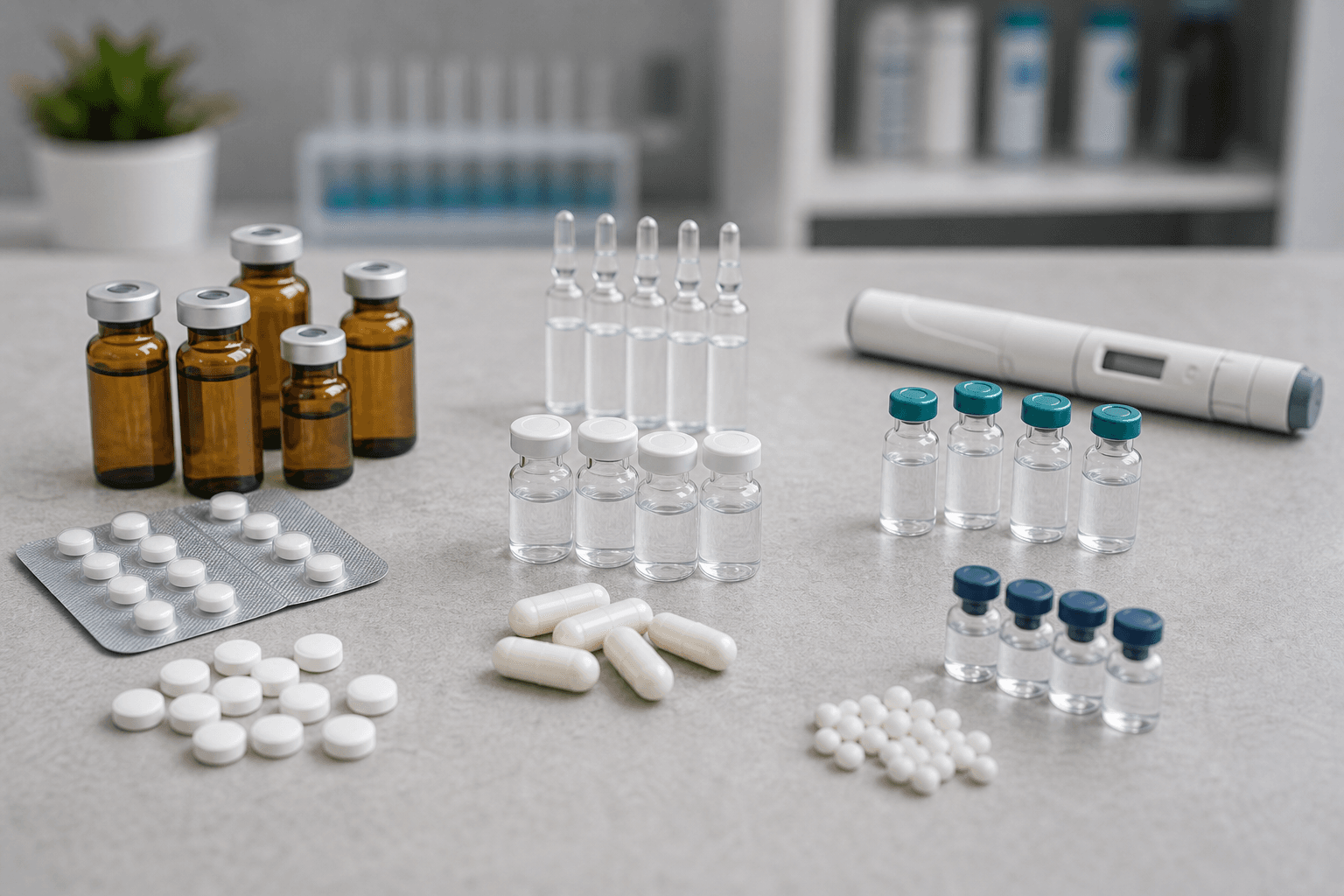 Fotografía de mesa farmacológica con viales, blísteres, cápsulas y material médico genérico sin marca.