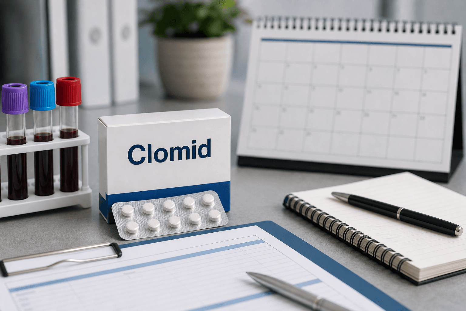 Fotografía clínica con caja de Clomid, tubos de sangre, calendario y libreta de seguimiento.