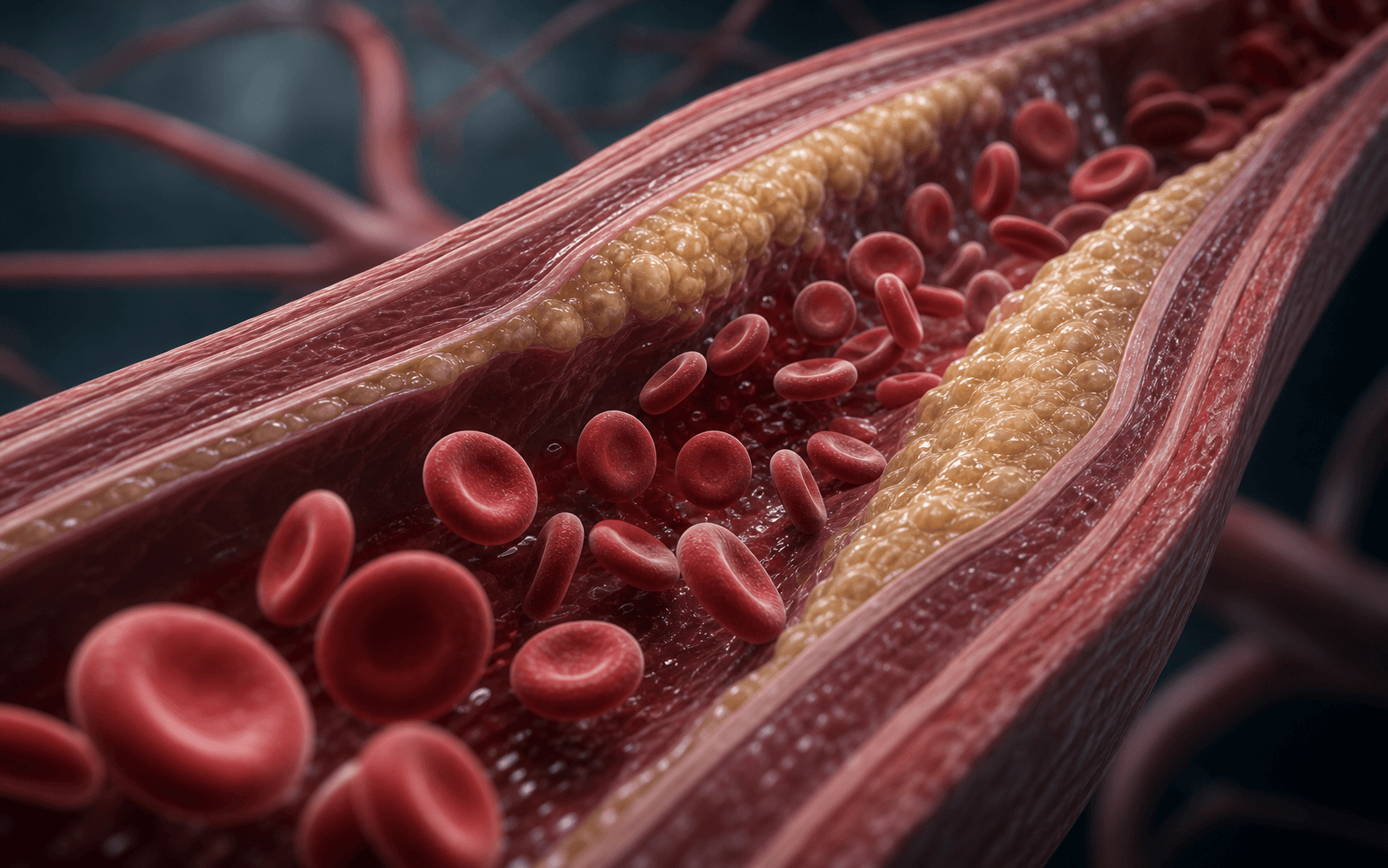 Ilustración médica de un vaso sanguíneo con hematíes circulando y placa de colesterol en la pared arterial.