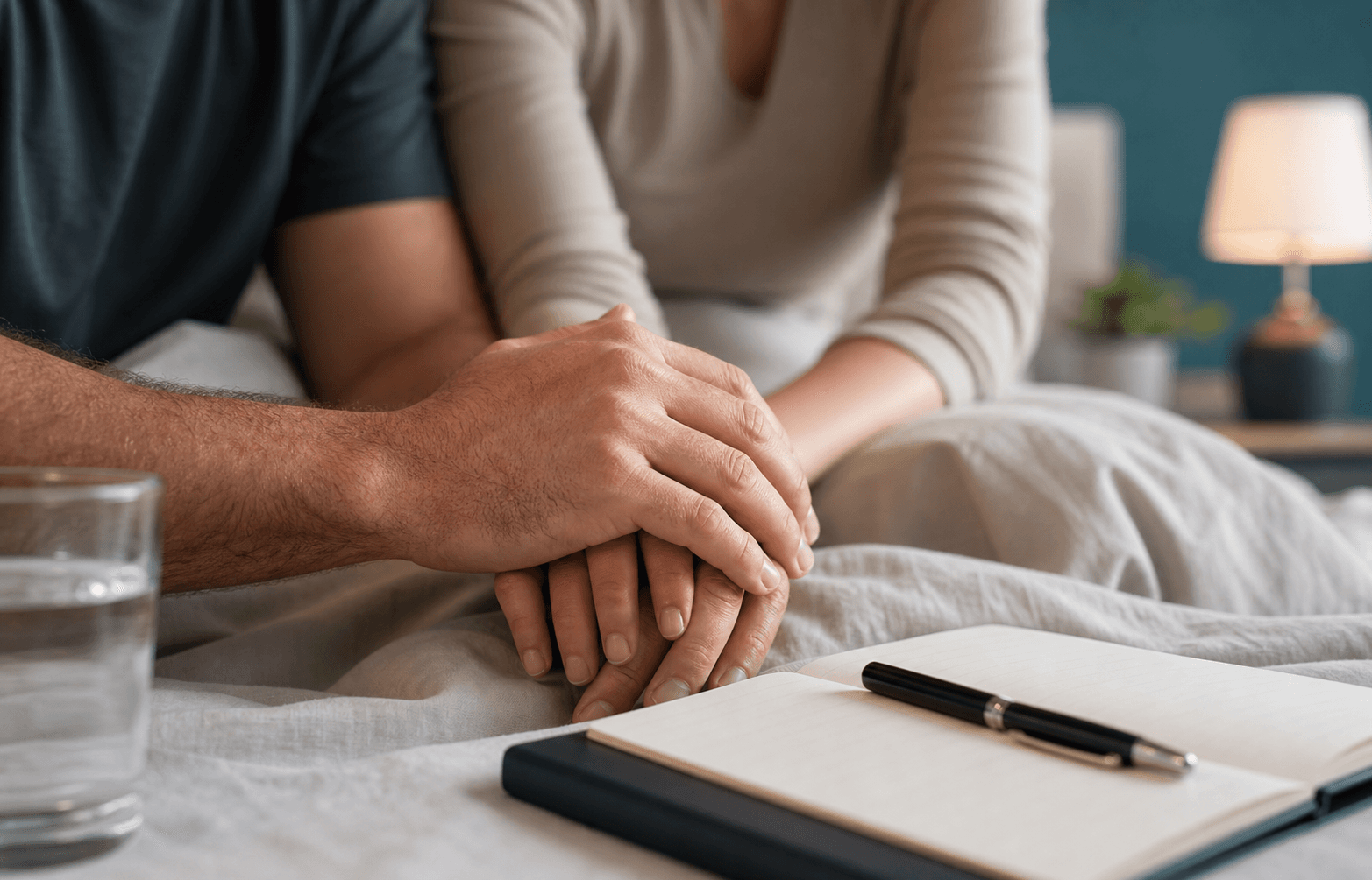 Fotografía sobria de dos personas tomadas de la mano junto a una libreta en una escena íntima de salud.