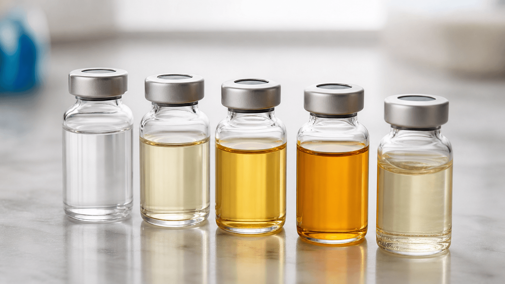Fotografía clínica de cinco viales transparentes con aceites de distintos tonos, desde claro hasta ámbar.