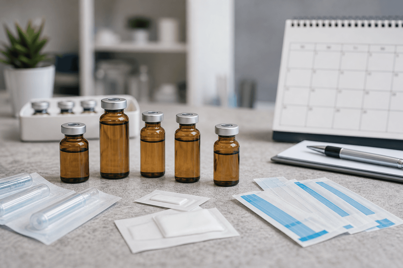 Fotografía clínica de viales genéricos sin etiqueta, material estéril y calendario desenfocado.
