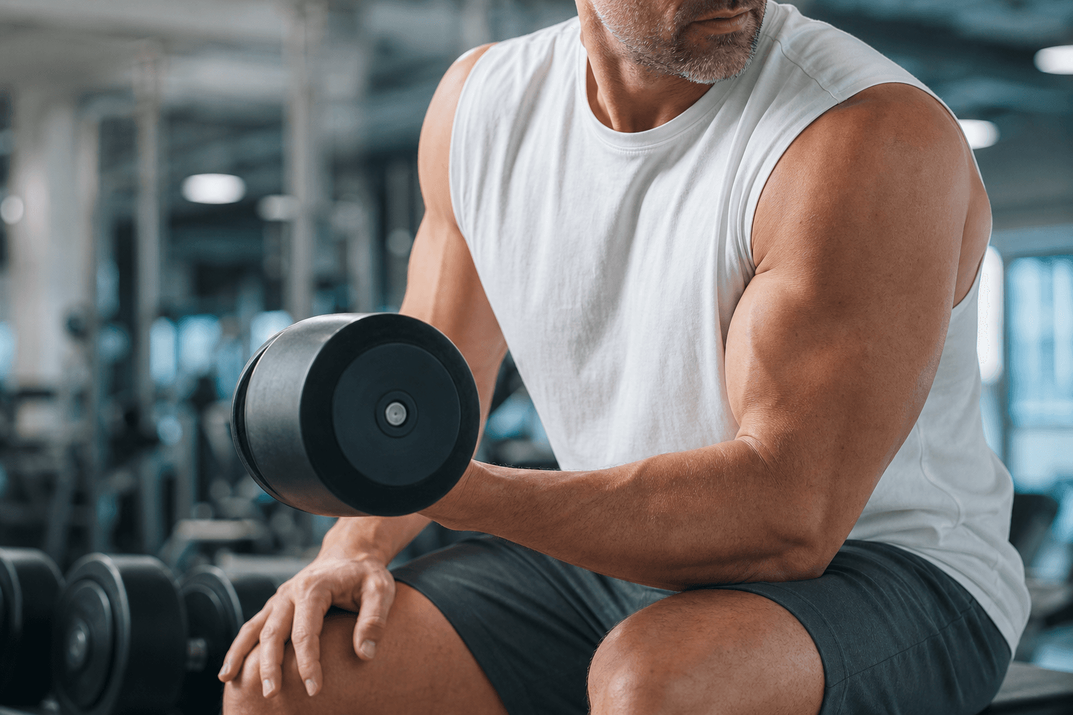 Fotografía realista de un hombre adulto entrenando con mancuerna en un gimnasio moderno.